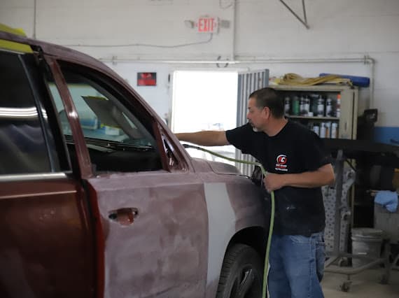 Truck paint masking preparation at Best Class Auto Body Las Vegas