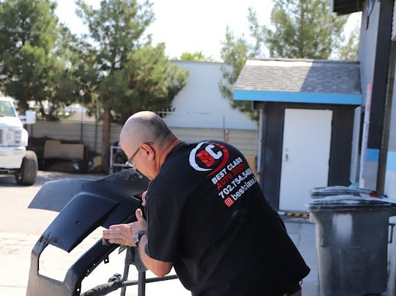 Undercarriage inspection after rear-end collision at Best Class Auto Body Las Vegas